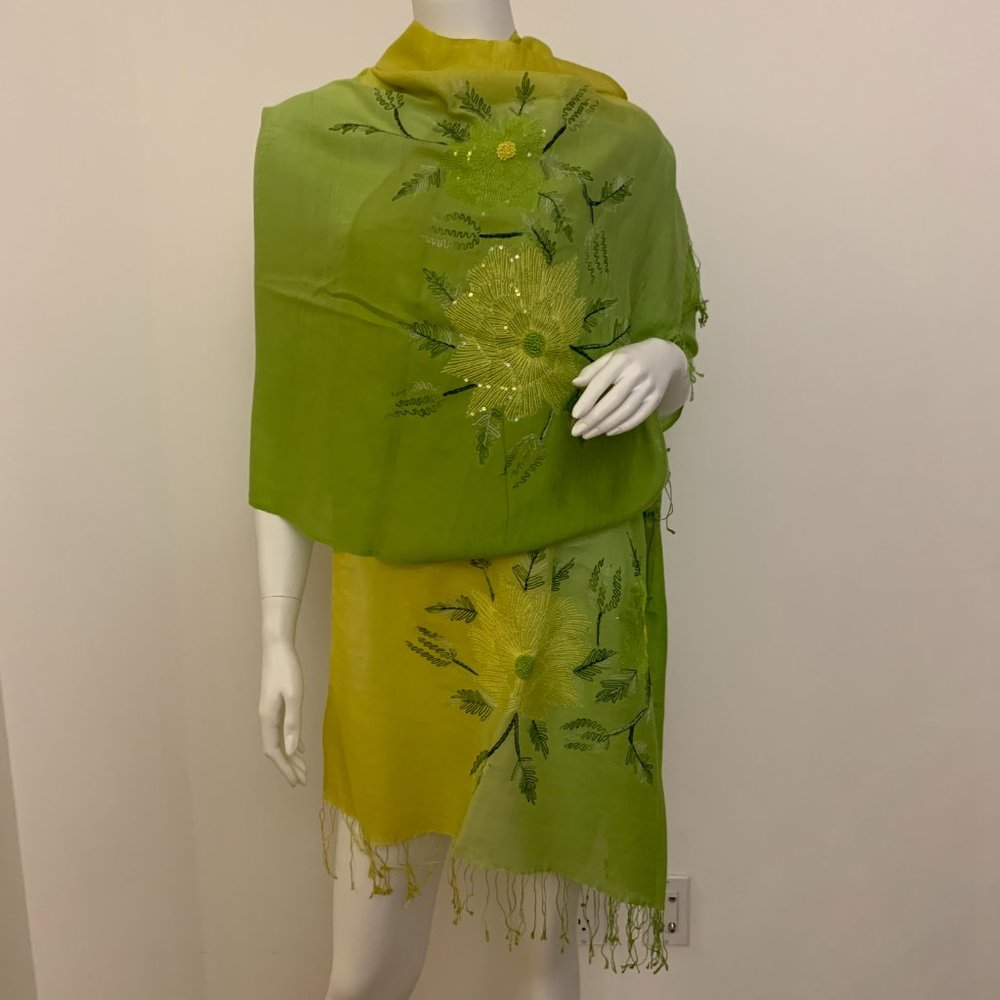 Silk Wool Embroidered Green Ombre Scarf w fringes